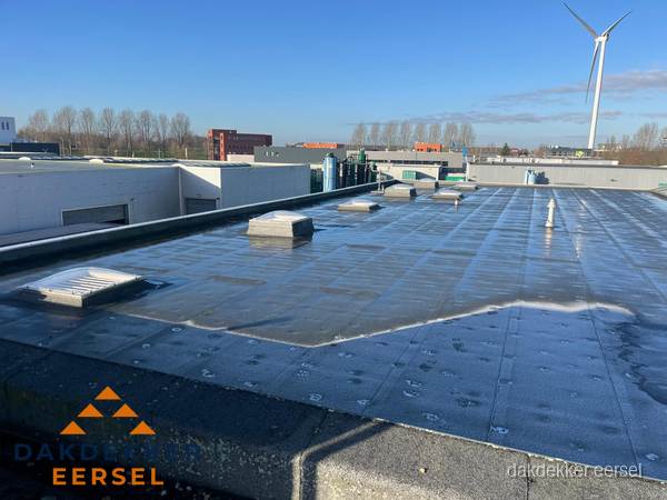 Plat dak bedrijfspand met bitumen dakbedekking en lichtkoepels in Eersel