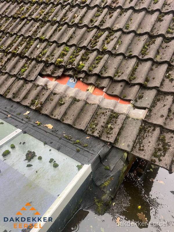 Beschadigd pannendak met ontbrekende dakpannen voor reparatie in Eersel