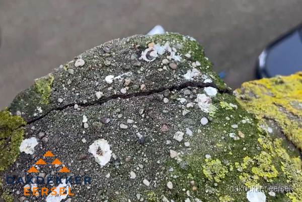 Beschadigde en verweerde nokvorst met scheuren en mos in Eersel